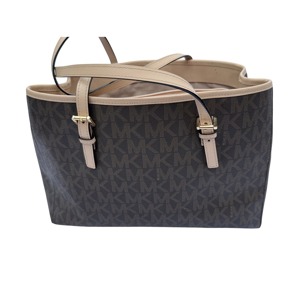 Michael Kors Voyager Medium Logo Tote Bag Brown Monogram Acorn Leather Trim - Picture 10 of 14